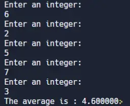 C program to find the average of 5 numbers using while loop - output