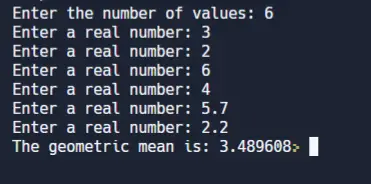 C program to find the geometric mean of n numbers - output