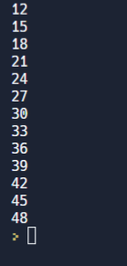 C program to display all the multiples of 3 within the range 10 to 50 - output