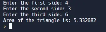 C program to find the area of a triangle whose three sides are given - output