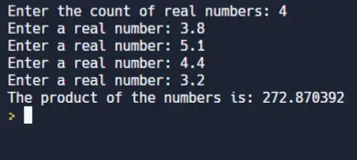 C program to find the product of a set of real numbers - output
