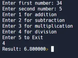 C program to implement a calculator to do basic operations - output